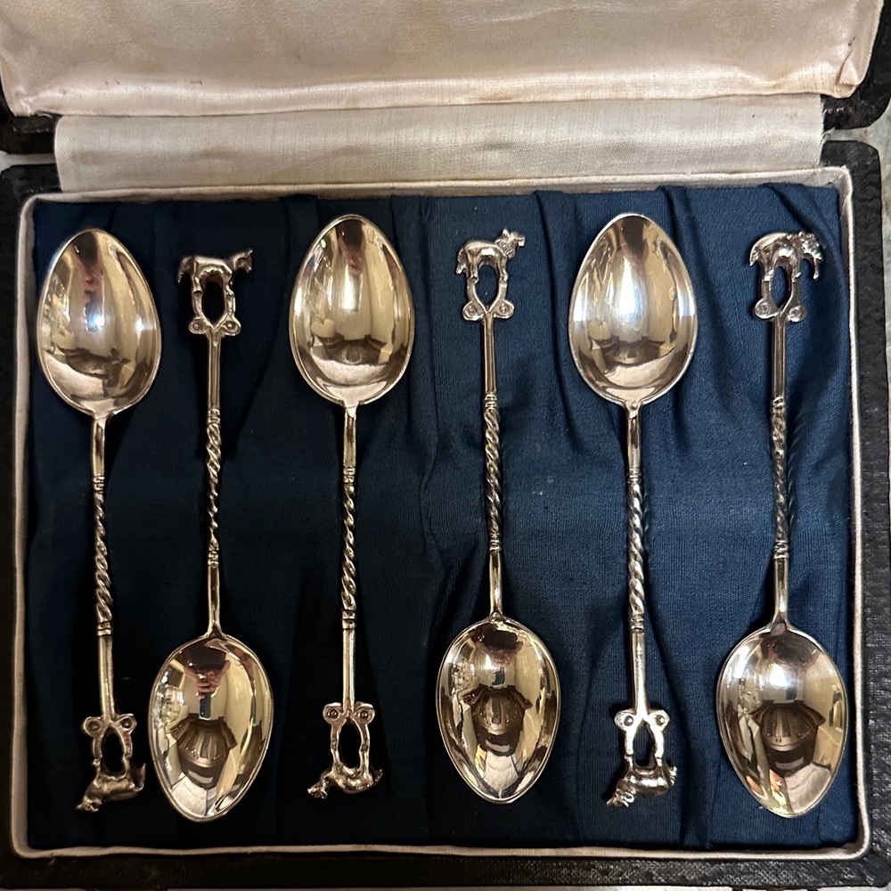 Antique Jagat Narain & Sons Wild Animal Sterling Silver Spoons in original box